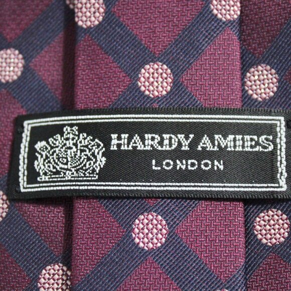 HARDY AMIES LONDON Tie 100% Silk - Eggplant, Navy Blue & Pink Polka Dot - Picture 3 of 4